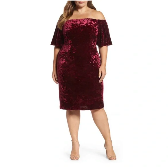 Eliza J Off the Shoulder Velvet Cocktail Dress (Plus Size) Wine 16W at Nordstrom Rack - Womens Plus-Size Dresses